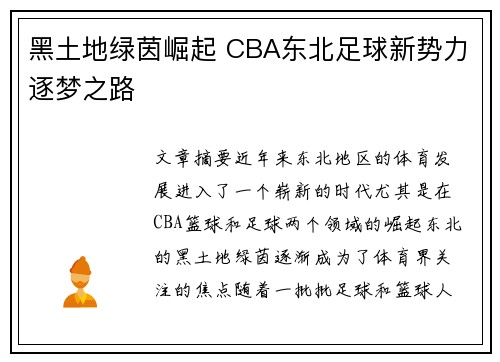 黑土地绿茵崛起 CBA东北足球新势力逐梦之路