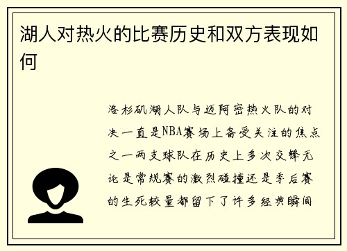湖人对热火的比赛历史和双方表现如何